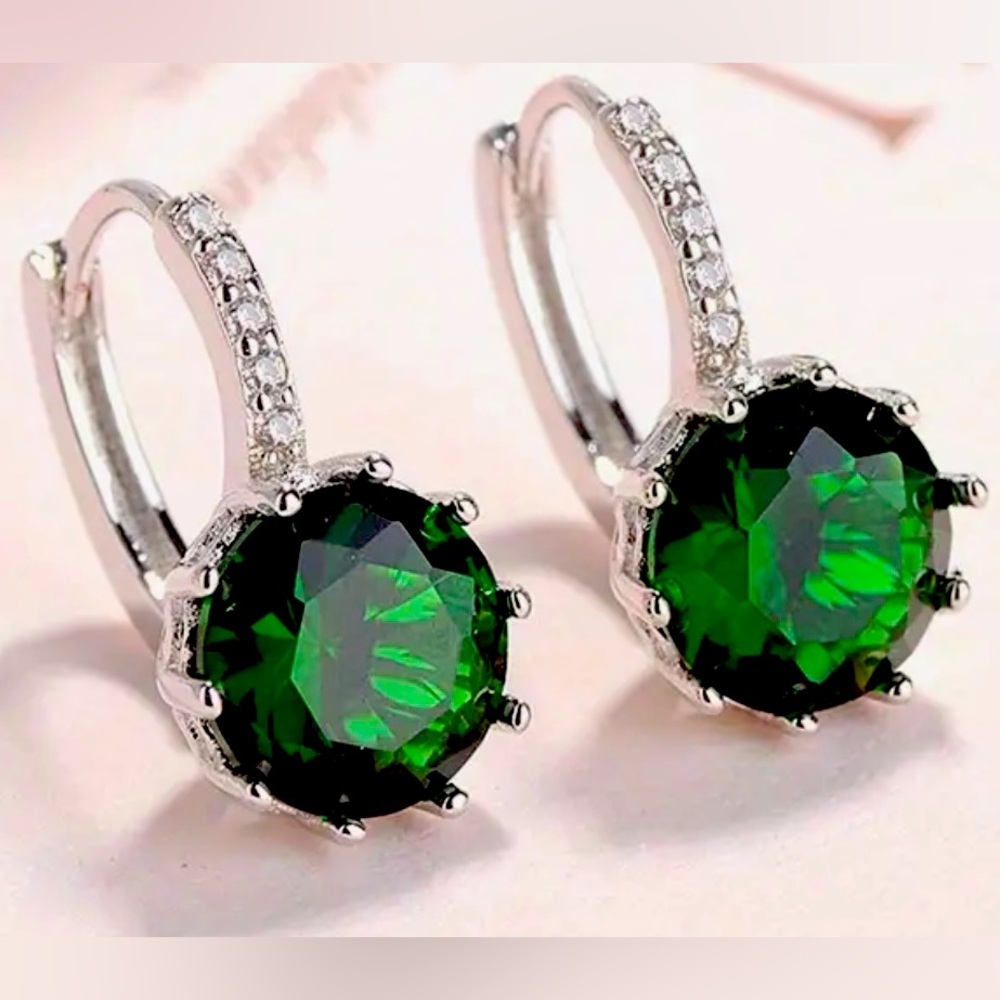 Emerald Green Color Round Zirconia Cz,  Luxury, Glam Earrings